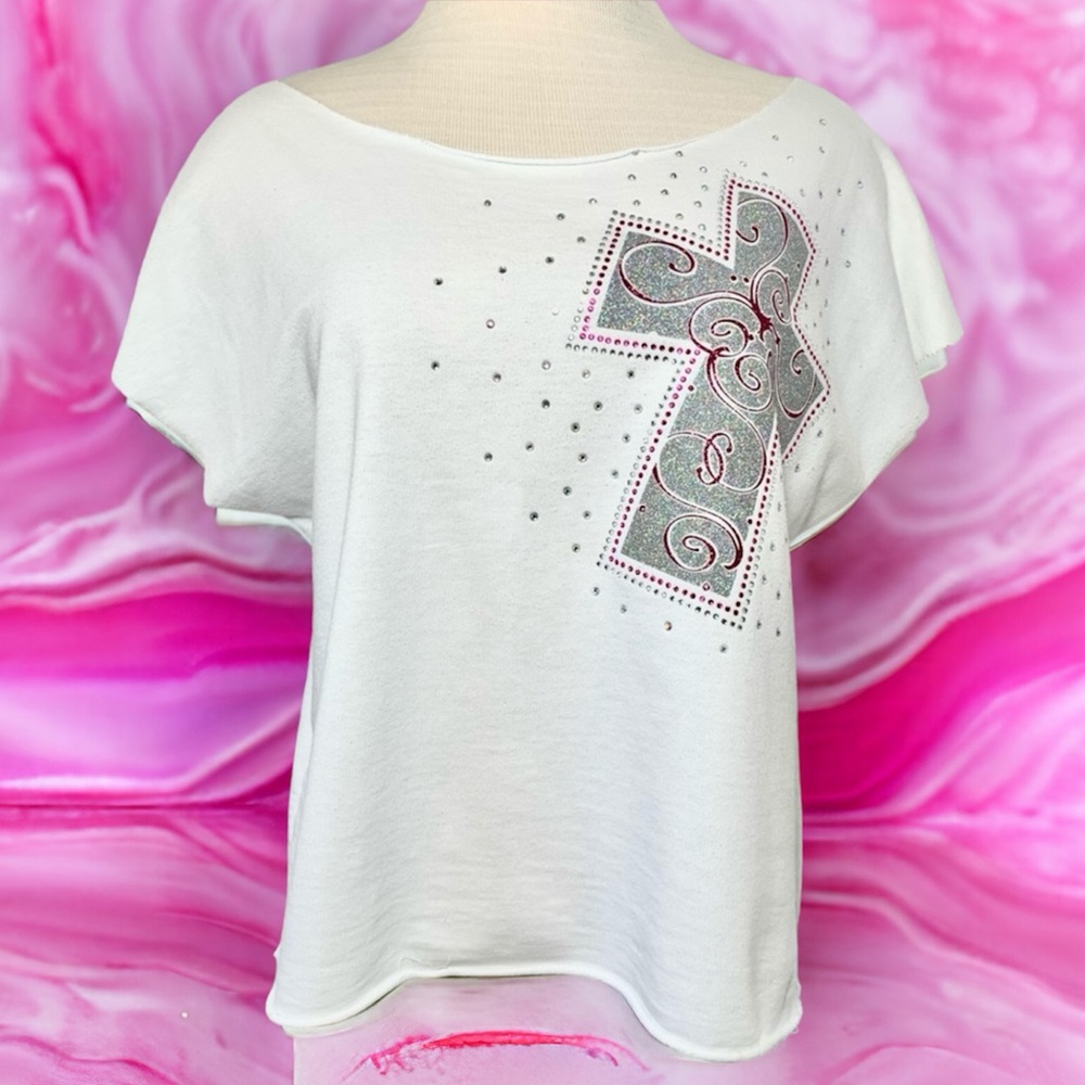 Unique Rhinestone Cross Oversized Dolman Crop Tee
